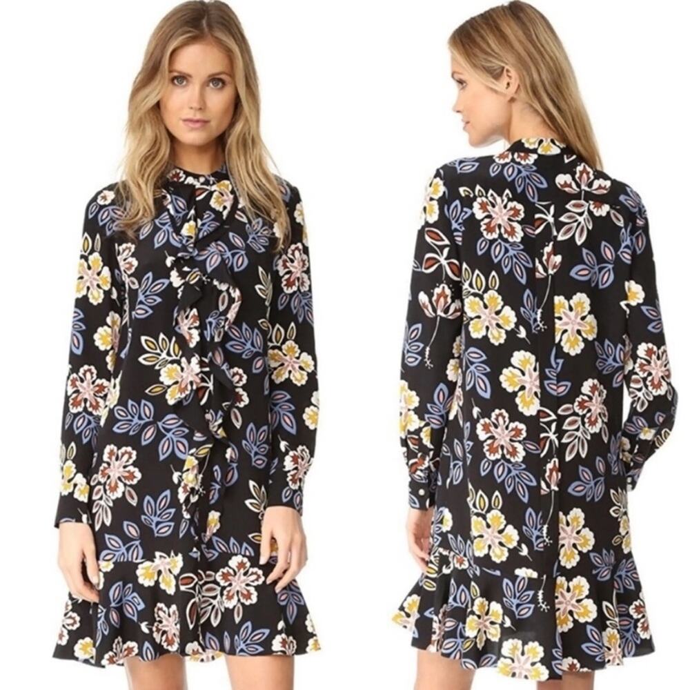 Tory Burch Jane 100% Silk Ruffle Floral Long Sleeve Shirt Dress Size 6